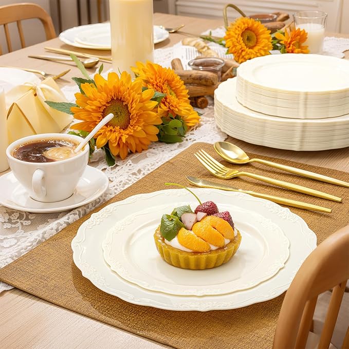 U-QE 100 Pieces Ivory Thanksgiving Plastic Plates for Party - Ivory Disposable Plastic Plates - Heavy Duty Disposable Platos Including 50 Dinner 10 '' & 50 Dessert 7.5 '' for Thanksgiving