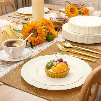 U-QE 100 Pieces Ivory Thanksgiving Plastic Plates for Party - Ivory Disposable Plastic Plates - Heavy Duty Disposable Platos Including 50 Dinner 10 '' & 50 Dessert 7.5 '' for Thanksgiving