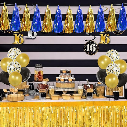 3PNavy-Blue Gold Tassel Banner Garland Metallic Foil Fringe Banner Tinsel Tassels Streamer Banner Backdrop for Parade Floats Birthday Graduation Christmas Bridal/Baby Shower Party Decorations