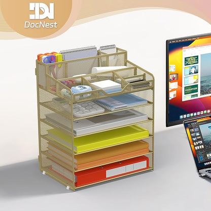 Docnest 6 Tier Mesh Desk Organizer for Paper Office Supplies – Multi-Functional Letter Tray with 5 Adjustable Compartments, 8 Pen Holders, Desktop Storage for Files, Mail, Stationery – Gold
