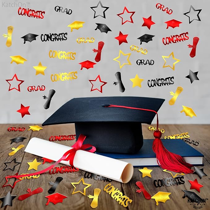KatchOn, Shiny Congrats Grad Confetti 2025 - Pack of 1300 | Black, Red and Gold Graduation Confetti Class of 2025, Graduation Decorations 2025 | Class of 2025 Decorations