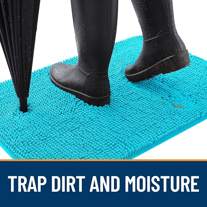 OLANLY Dog Door Mat for Muddy Paws 47x32, Absorbs Moisture and Dirt, Absorbent Non-Slip Washable Doormat, Quick Dry Chenille Mud Mat for Dogs, Entry Indoor Entryway Carpet for Inside Floor, Aqua Blue