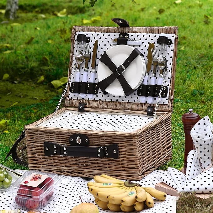 Picnic Basket for 4 Persons with Waterproof Picnic Blanket and Insulated Cooler, Large Wicker Picnic Basket for Camping, Outdoors, Valentine's Day, Christmas, Birthday, Wedding Gift
