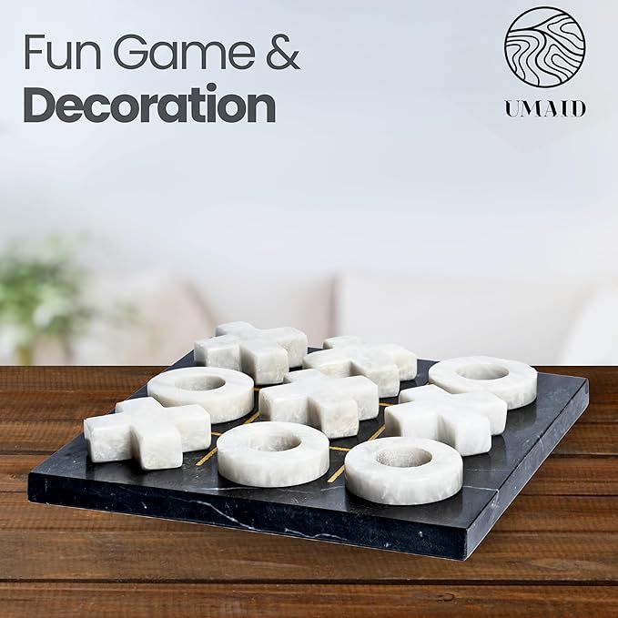 UMAID Luxury Marble Tic Tac Toe Game, Handcrafted 10" Onyx Board in Velvet Box, Solid Marble Set, Each Piece is Unique, Elegant Coffee Table or Office Decor, Unique Gift for Men, Women, Game Lovers
