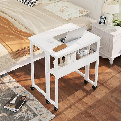 GreenForest Folding Desk Small Rolling Desk with Storage Shelf, 31.5 inch Foldable Computer Desk with Wheels for Small Space, Easy Assembly,Pure White
