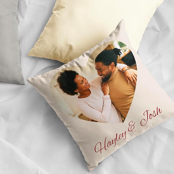 Be Burgundy Custom Heart Photo Pillow Cover 16x16 Inch – Personalized Couple Pillow with Names, Romantic Photo Cushion for Lovers, Engagement, Anniversary, or Wedding Gift for Him or Her