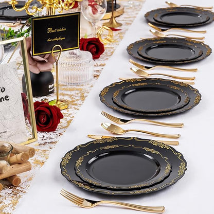 U-QE 100PCS Black Gold Plastic Plates - Heavy Duty Disposable Plates Including 50PCS 10'' Dinner & 50PCS 7.5'' Dessert Plates - Hard Plastic Plate for Party & Wedding