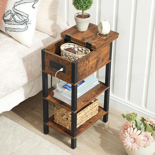 HOOBRO End Table with Charging Station, Flip Top Side Table with USB Ports, Narrow Nightstand Bedside Tables with Storage Shelves, for Small Space, Living Room, Rustic Brown and Black BF141UBZ01