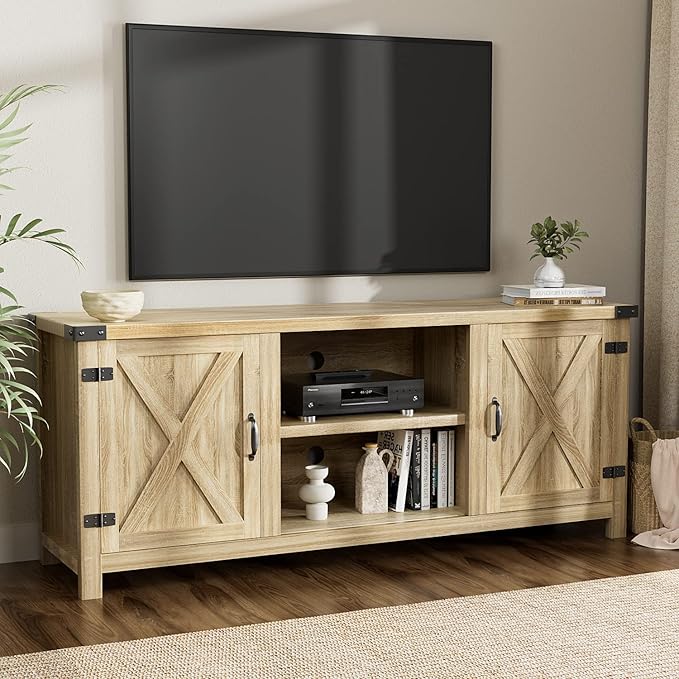 YESHOMY Modern Farmhouse TV Stand with Two Barn Doors and Storage Cabinets for Televisions up to 65+ Inch, Entertainment Center Console Table, Media Furniture for Living Room, 58 Inch, White Oak
