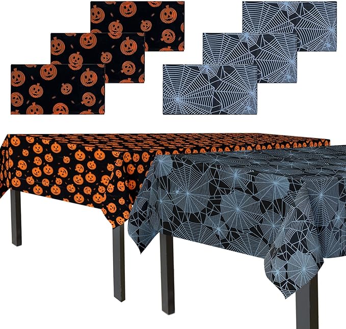 Halloween Tablecloth, 6-Pack Disposable Table Cloths, Pumpkins and Spider Web Plastic Covers, 54 x 108 Inches, Party Decorations