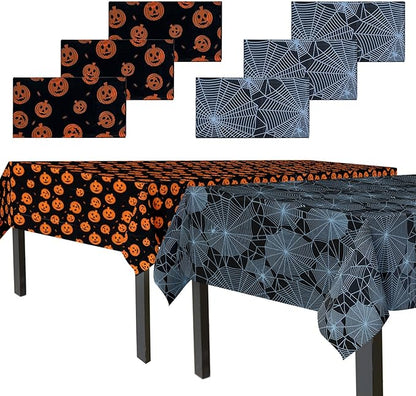 Halloween Tablecloth, 6-Pack Disposable Table Cloths, Pumpkins and Spider Web Plastic Covers, 54 x 108 Inches, Party Decorations