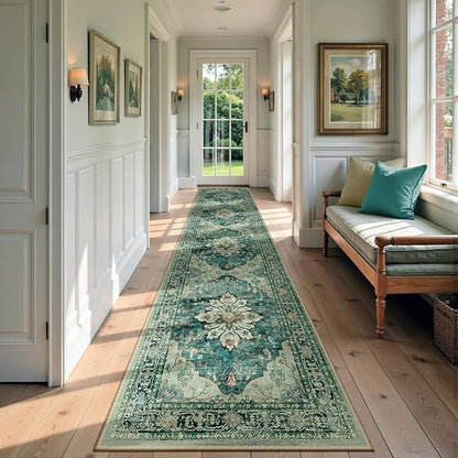 Area Rugs 3'x12' Runner Rug Non Slip Washable for Kitchen Hallway Bedroom Beside Laundry Room Bathroom Rug, Floor Carpet, Dark Blue Vintage