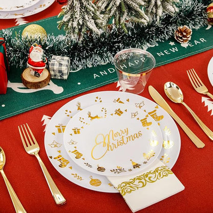 Ciaell 175 Pieces Christmas Plastic Plates - Christmas Gold Plastic Plates include 25Dinner Plate, 25Dessert Plate, 25Knives, 25Forks, 25Spoons, 25cups, 25 Napkins for Xmas Party