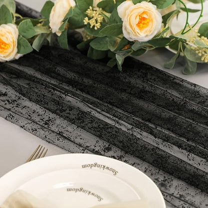 Snowkingdom Black Table Runner, 10FT Sheer Tulle Gauze Metallic Mesh Foil Table Decoration for Halloween, Thanksgiving, Party, and Christmas, Bridal, Baby Shower