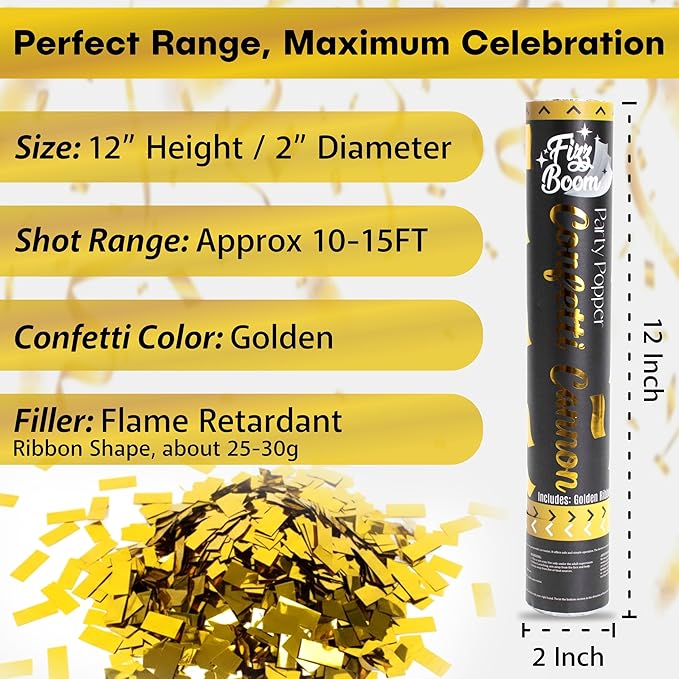 2 Pack 12 Inch Golden Mylar Confetti Poppers Set for Anniversary, Wedding, Graduation, New Year, Birthday Party Celebrations | Releases 15 ft in the Air