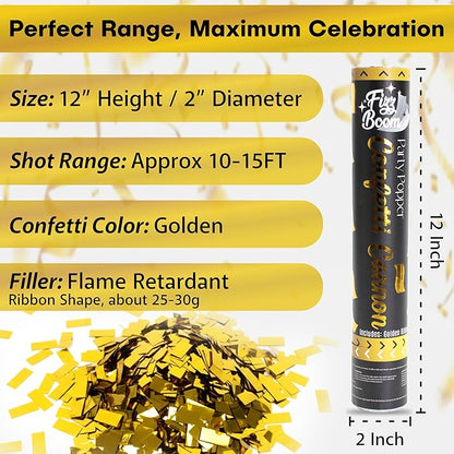 2 Pack 12 Inch Golden Mylar Confetti Poppers Set for Anniversary, Wedding, Graduation, New Year, Birthday Party Celebrations | Releases 15 ft in the Air