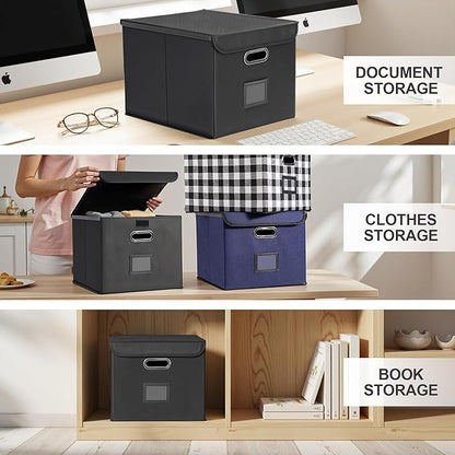 Collapsible File Box with Lid & Plastic Slide - Hanging Document Organizer for Office/Home, 14.96x12.6x10.83 Inch,Black, 2 Pack (No Folders Included)