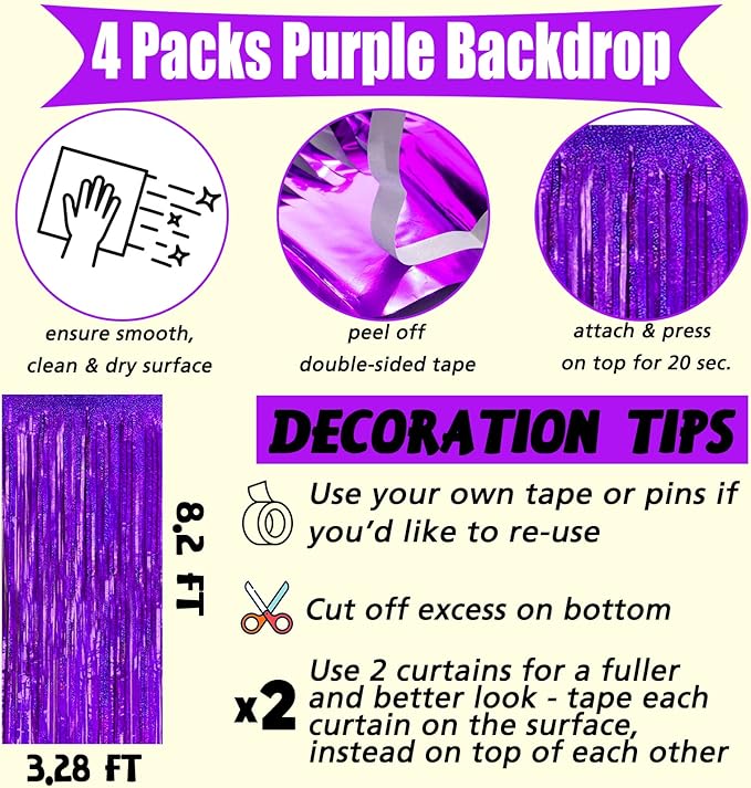 4 Pack 3.2Ft x 8.2Ft Purple Fringe Curtain Backdrop, Sparkle Metallic Tinsel Foil Fringe Streamers Background for Photo Booth Birthday Wedding Baby Shower Halloween Christmas Party Decorations