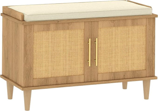 Rattan Shoe Storage Bench with Cushion, 2-Tier Entryway Bench with Adjustable Shelves and 2 Doors, 15" D x 31.5" W x 20" H, Solid Wood Legs, for Hallway, Living Room, Bedroom, Natural Oak
