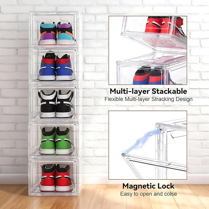 Acrylic Shoe Storage Boxes with Magnetic Door - 360° Clear Stackable Shoe Display Box Set, Plastic Shoe Cabinet Rack Box for Sneakers Heels Shoes (12, Clear, L - Front Open)