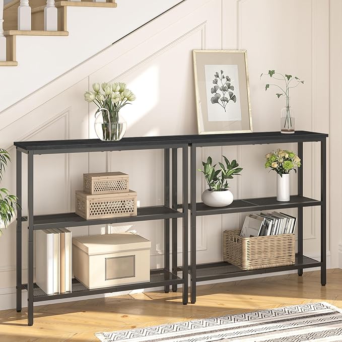 HOOBRO 29.5" Narrow Console Table, 3 Tier Entryway Table with Shelves, Thin Sofa Table, Behind Couch Table, Display Side Table, for Hallway, Entrance, Living Room, Black BB73XG01