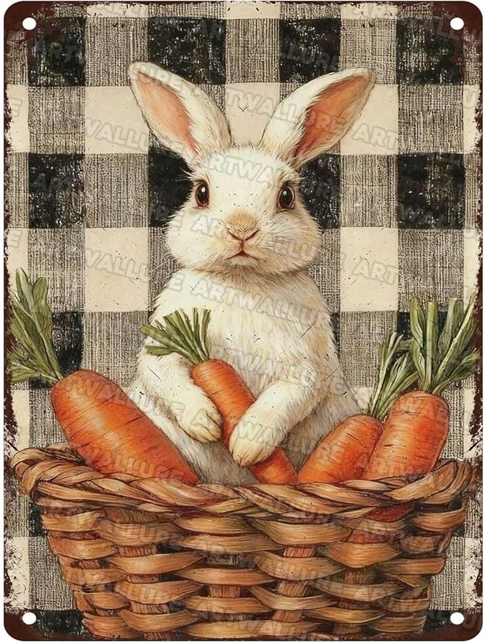 Charming Easter Bunny Metal Sign Vintage Checkered Basket Carrot Design Rustic Country Wall Art For Living Room Kitchen Office Spring Decor 12x16Inch