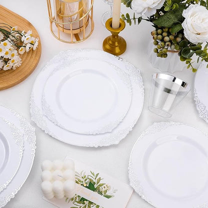100 PCS White and Silver Plastic Plates for 50 Guests, Rose Gold Disposable Plates Include 50 PCS Dinner Plates, 50 PCS Dessert Plates for Party, Wedding and Baby Shower