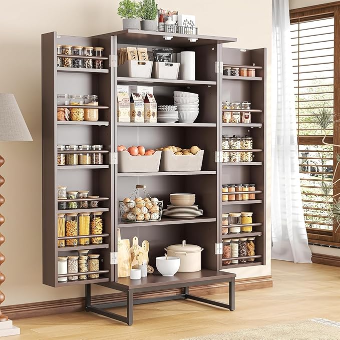 51” Kitchen Pantry Storage Cabinet, White Freestanding Pantry Cabinets with Doors and Adjustable Shelves, Buffet Cupboards Storage Cabinet for Home Office Use, Dinning Room(Brown)