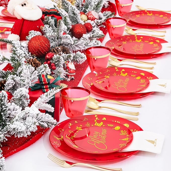 Ciaell 175 Pieces Christmas Plastic Plates - Red and Gold Plastic Plates include 25Dinner Plate, 25Dessert Plate, 25Knives, 25Forks, 25Spoons, 25cups, 25 Christmas Napkins for Xmas Party