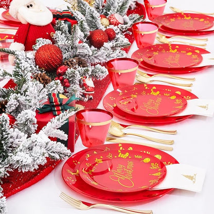 Ciaell 175 Pieces Christmas Plastic Plates - Red and Gold Plastic Plates include 25Dinner Plate, 25Dessert Plate, 25Knives, 25Forks, 25Spoons, 25cups, 25 Christmas Napkins for Xmas Party