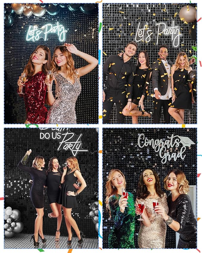 Black Shimmer Wall Backdrop 24 Pcs - 4x6ft Glitter Sequin Photo Booth Background for Wedding Birthday Party Anniversary Decor, Reusable & Easy to Install with Zip Ties Included