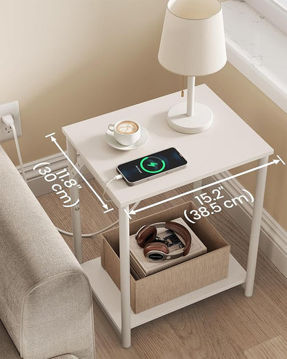 VASAGLE End Table with Charging Station, Set of 2, Small Side Tables for Living Room, Bedroom, Nightstand with Outlets and USB Ports, Bedside Table with Storage Shelf, Cream White