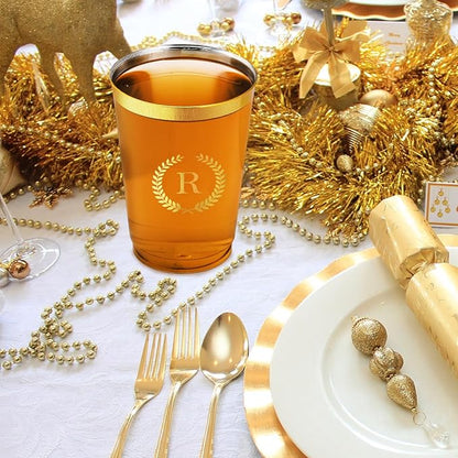 100 Pieces Monogrammed Plastic Cups Gold Foil Letter R Disposable Cups 12 oz Clear Initial Party Cups for Wedding Birthday Baby Shower Personalized Party Drinkware
