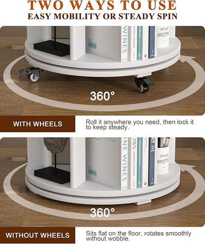4-Tier Solid Wood Rotating Bookshelf on Wheels, 360° Spinning Book Shelf Tower, Round Revolving Bookcase Organizer, Rolling Bookshelves for Small Spaces, Corner, Bedroom, Kids Room, Office, White
