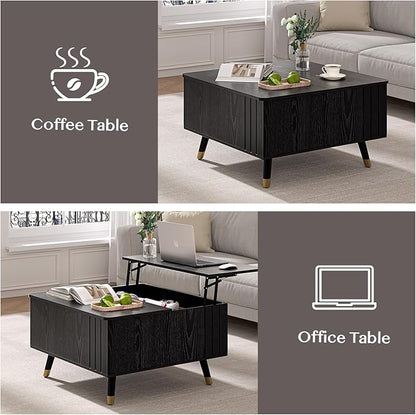 32" Square Lift Top Coffee Table with Storage, Modern Black Center Table for Living Room, Minimalist Wood Cocktail Table with Rising Desktop, Home Office