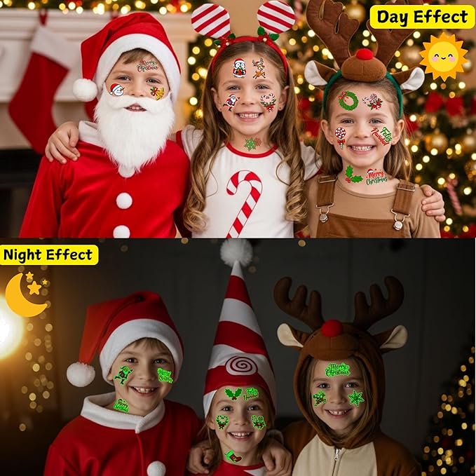 Glow In Dark Christmas Temporary Tattoos | Luminous Christmas Tattoos Xmas Decorations Party Favors Supplies Goodie Bags Stocking Stuffers Gift Idea For Kids Teen Adult Xmas Santa Claus Reindeer-60Pcs