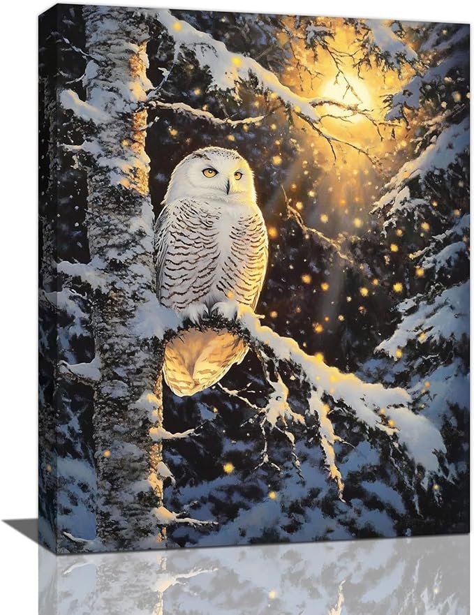 Owl Wall Art, Winter Snow Owl Pictures Wall Decor, Forest Animal Canvas Prints Painting, Framed Artwork for Bathroom Living Room Bedroom Office Dining Room 24"X20"