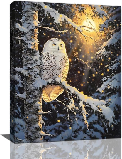 Owl Wall Art, Winter Snow Owl Pictures Wall Decor, Forest Animal Canvas Prints Painting, Framed Artwork for Bathroom Living Room Bedroom Office Dining Room 24"X16"