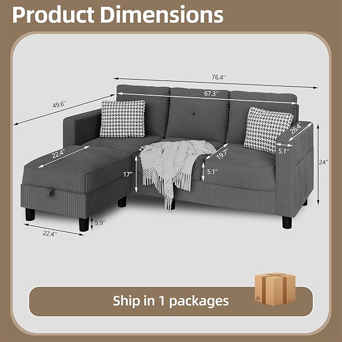 JAMFLY Convertible Sectional Couches for Living Room, L-Shaped Couch 3 Seat Sectional Sofa Set with Corduroy Fabric and Movable Ottoman Small Couch for Apartments, Office（Dark Grey）