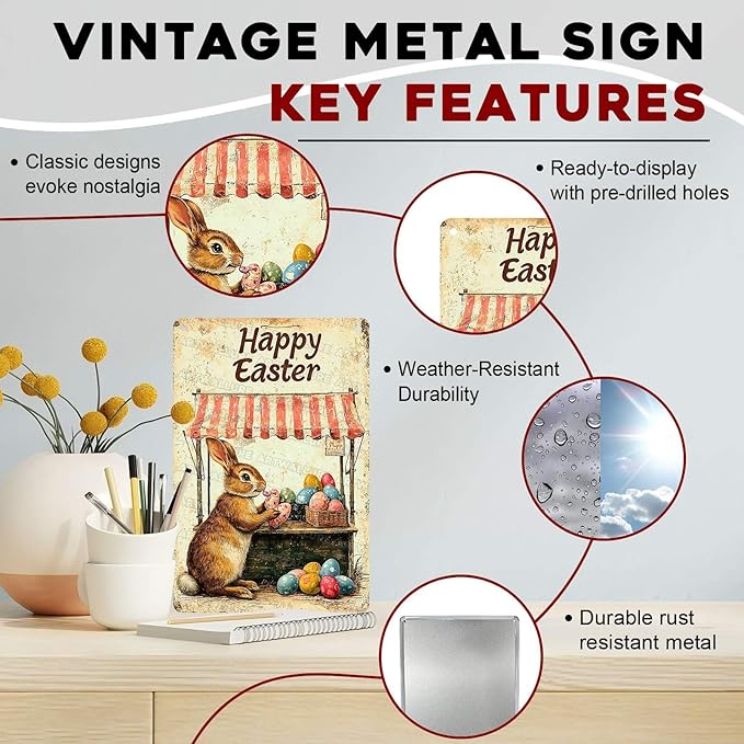 Metal Tin Sign Happy Easter Bunny Signs Vintage Wall Art Decor For Backyard Home Living Room Easter Garden Vintage Wall 8x12Inch