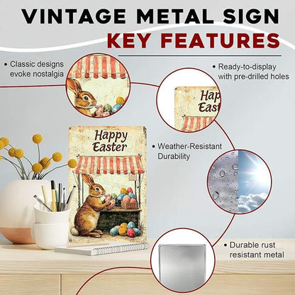 Metal Tin Sign Happy Easter Bunny Signs Vintage Wall Art Decor For Backyard Home Living Room Easter Garden Vintage Wall 8x12Inch