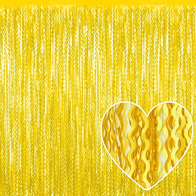 4 Pack Macaron Yellow Fringe Curtain Backdrop 3.2Ft x 8.2Ft Metallic Tinsel Foil Fringe Streamers Background for Photo Booth Mother's Day, Easter, Carnival, Birthday, Wedding Party Decoration