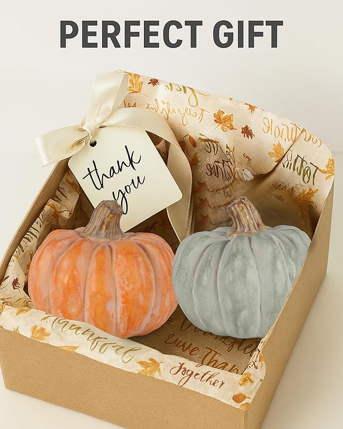 Set of 3 Decorative Pumpkins – Resin Fall Harvest Décor in White, Sage Green & Orange, Rustic Autumn Table Centerpiece for Thanksgiving Farmhouse Home Decoration (White)