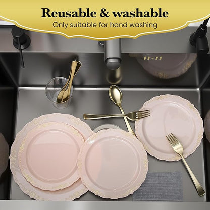 175 PCS Pink Disposable Plates, Elegant Dinnerware Set for 25 Guests, 50 Plastic Plates, 75 Silverware, 25 Cups & 25 Paper Napkins, Pink