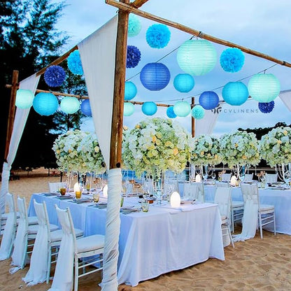 Blue Hanging Party pom pom Set, Paper Flowers Pom Poms Balls and Paper Lanterns for Under The Sea Party Decorations Wedding Birthday Bridal Baby Shower Graduation, 15pcs