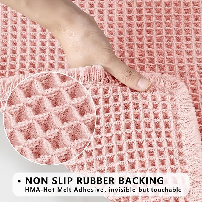 MIULEE Set of 2 Waffle Bathroom Rugs, Boho Bath Rugs Non Slip Washable, Super Absorbent Bath Mats, Ultra Soft Rubber Backed Shower Mats for Bathroom Floor, Tub and Shower, Pink, 18x30 Inch