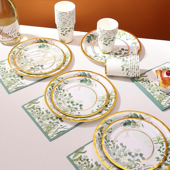 Sage Green Plates and Napkins Party Supplies - Sage Green Paper Plates Tableware Set for Baby Shower, Gender Neutral Birthday, Bride Shower, Wedding Table Decor, Serves 24
