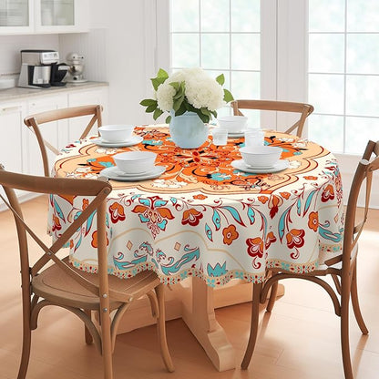 Eikione Bohemia Round Tablecloth 70inch,Table Cloth Waterproof and Wrinkle-Free, Boho Table Covers, Summer Decorations for Home