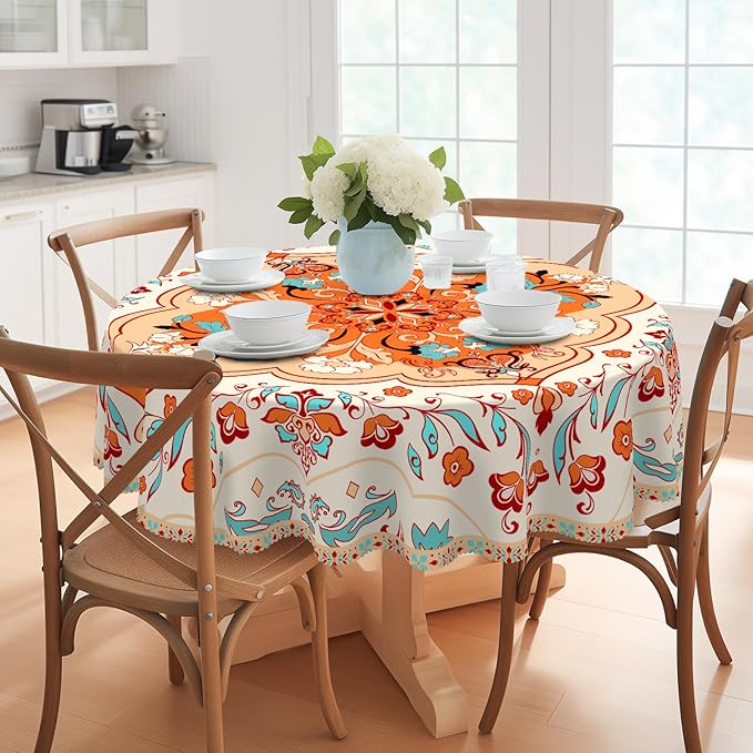 Eikione Bohemia Round Tablecloth 60inch,Table Cloth Waterproof and Wrinkle-Free, Boho Table Covers, Summer Decorations for Home