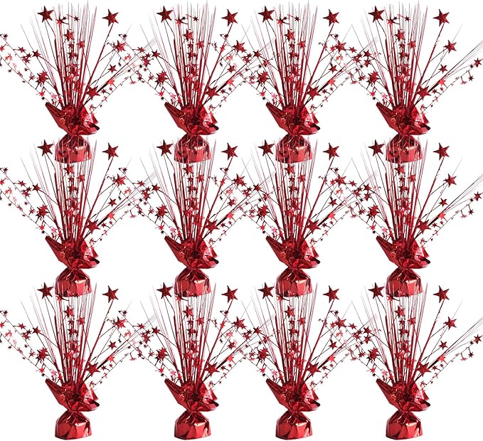 12 Pack Metallic Red Foil Spray Centerpieces Stars Brust Table Centerpieces for Wedding Birthday Anniversary Holiday Party Decor, Metallic Star Balloon Wights for Party, Table Decor for Party
